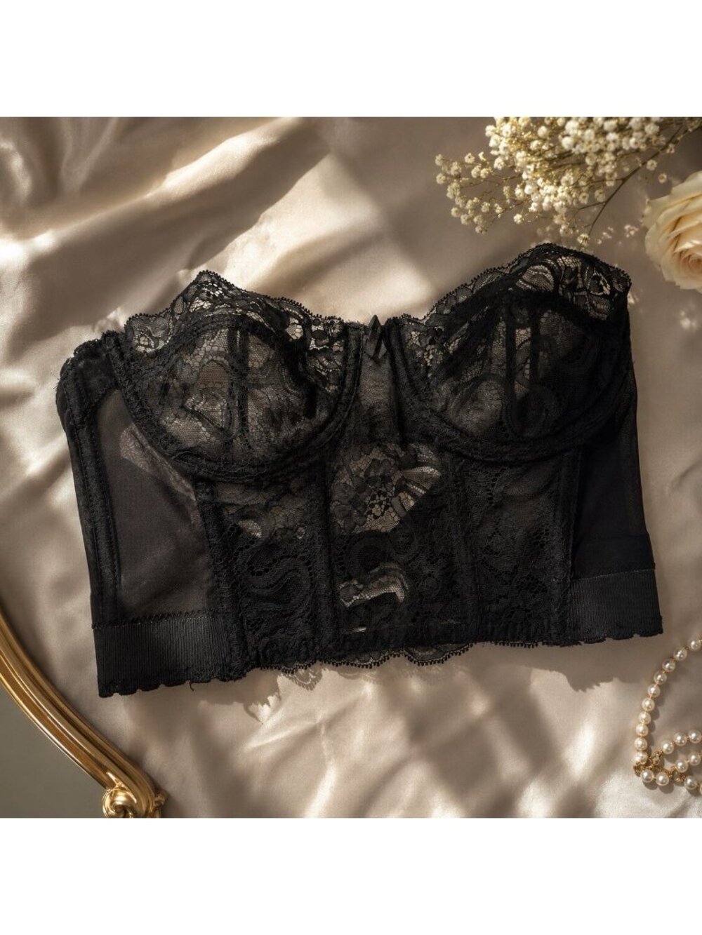Vintage Cabernet Strapless Black Lace Corset Bustier Top Size 34B Sheer Sleep
